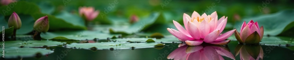 Lotus water lily plants with blooming flowers on surface, pond, nature Lotus water lily plants with blooming flowers on surface, pond, nature