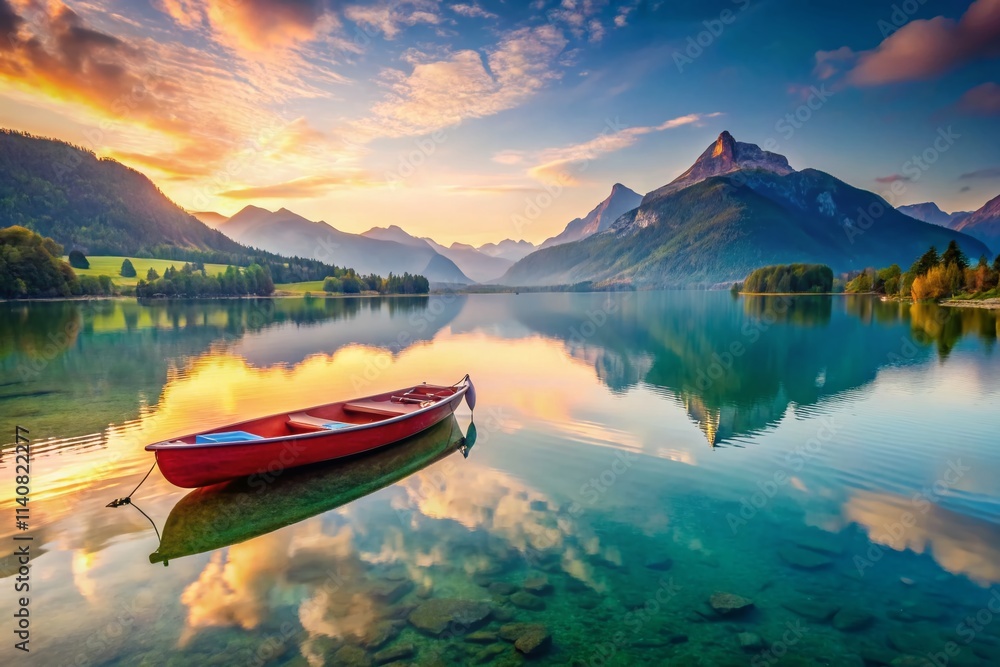 Wolfgangsee Lake Austria: Stunning Sunrise, Picturesque Alps, Crystal Clear Water, Scenic Boat, Mountain Reflections Wolfgangsee Lake Austria: Stunning Sunrise, Picturesque Alps, Crystal Clear Water, Scenic Boat, Mountain Reflections