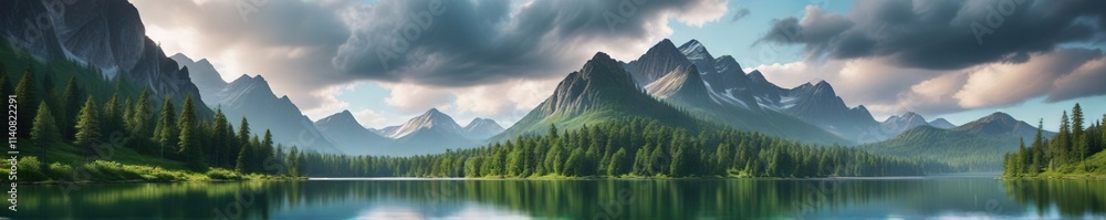 Obraz premium lush green forest surrounding a pristine lake with the backdrop of towering mountains and a cloudy sky, forest, beautiful