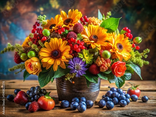 Wallpaper Mural Wolf Blooms Berries: Stunning Floral Arrangement with Wildflowers and Berries, Nature Photography, Artistic Image Torontodigital.ca