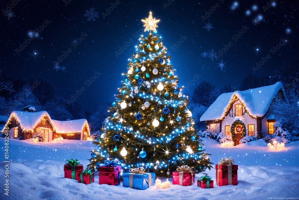 Fototapeta premium Magical Christmas Night Landscape with Festive Decoration, Christmas Night Wallpaper, Christmas Night Landscape Background, Christmas Wallpaper, Christmas Background