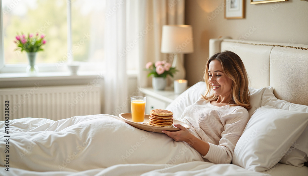 Woman enjoying breakfast in bed with pancakes and orange juice. Woman enjoying breakfast in bed with pancakes and orange juice.