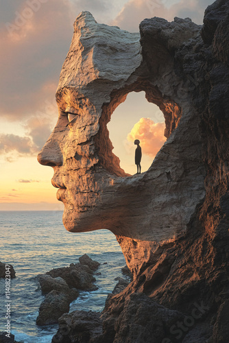 Wallpaper Mural Surreal artwork of human faces sculpted into rocky landscapes with natural openings revealing distant scenes, blending nature, fantasy, and introspective symbolism Torontodigital.ca