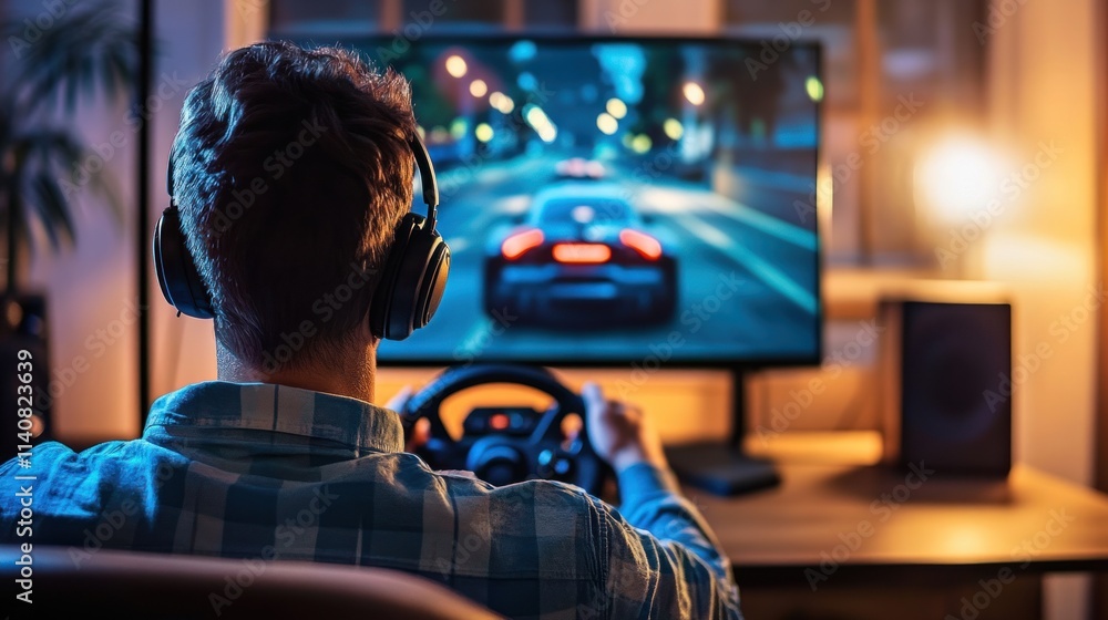 Immersive Gaming Experience: Man Playing Racing Game Immersive Gaming Experience: Man Playing Racing Game