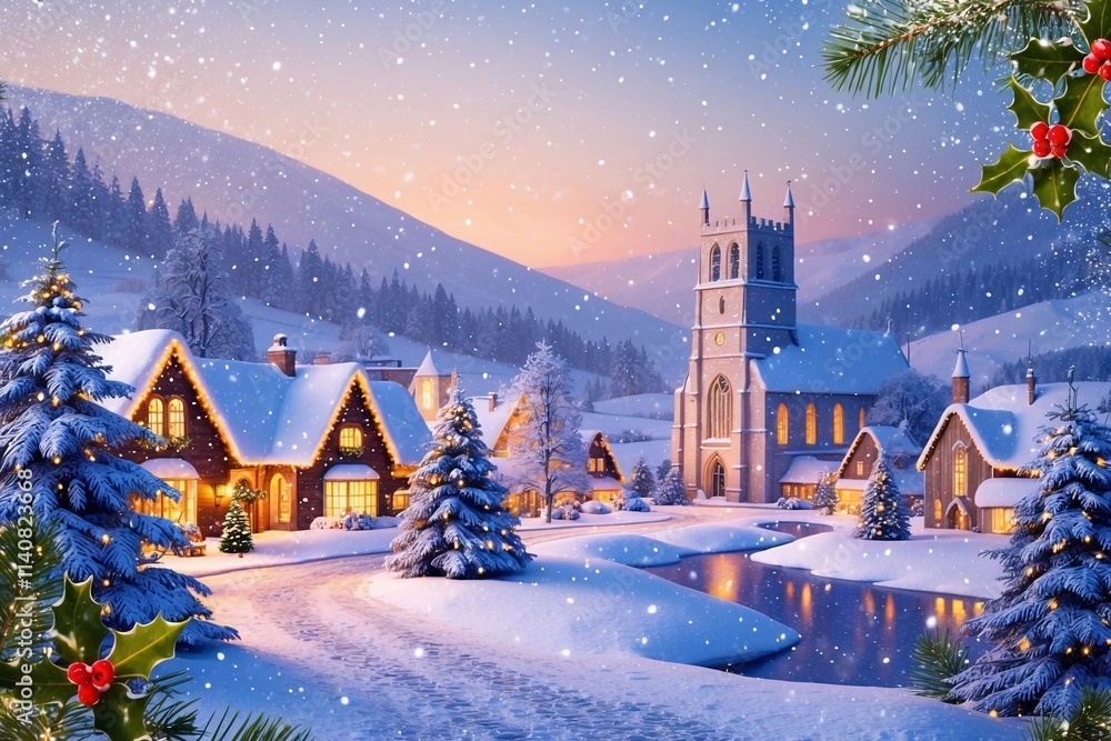 Fototapeta premium Magical Christmas Night Landscape with Festive Decoration, Christmas Night Wallpaper, Christmas Night Landscape Background, Christmas Wallpaper, Christmas Background