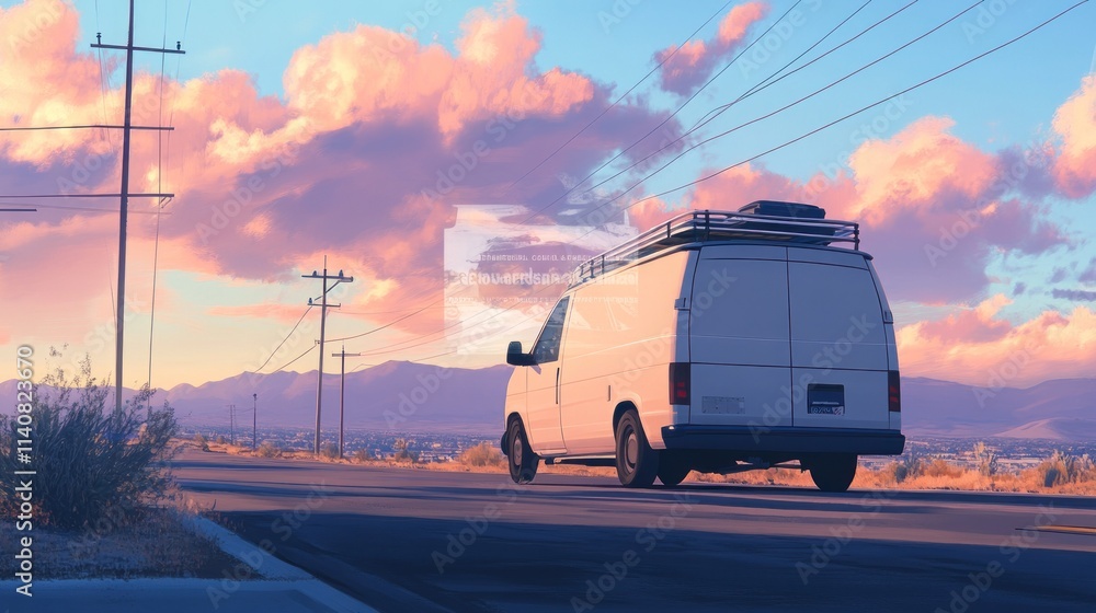 A white van driving on a road with mountains and colorful clouds in the background. A white van driving on a road with mountains and colorful clouds in the background.