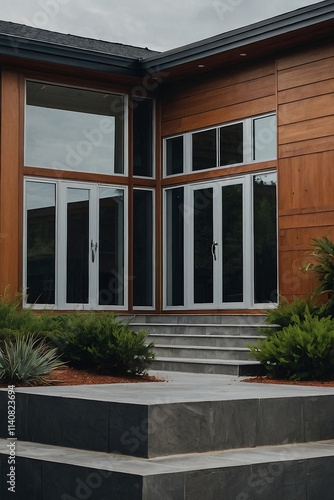 Wallpaper Mural Modern home exterior with large windows and wood siding.  Gray stone steps and landscaping are visible. The design features a contemporary aesthetic. Torontodigital.ca