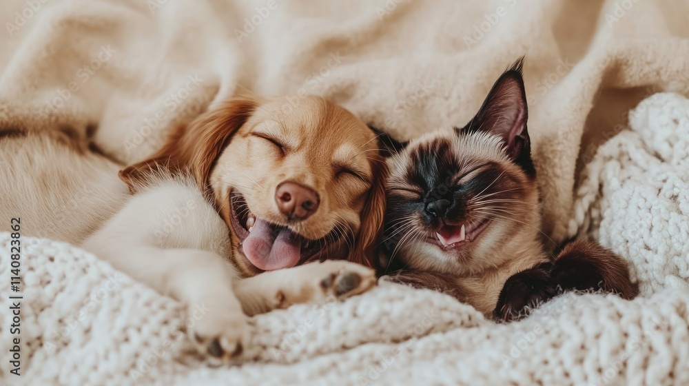 A dog and a cat sleeping together, showcasing their friendship and comfort. A dog and a cat sleeping together, showcasing their friendship and comfort.