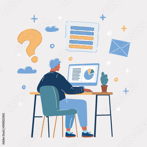 Cartoon vector illustration of Man Sitting at Desk, Office Working Place Laptop, hard work, Back Rear