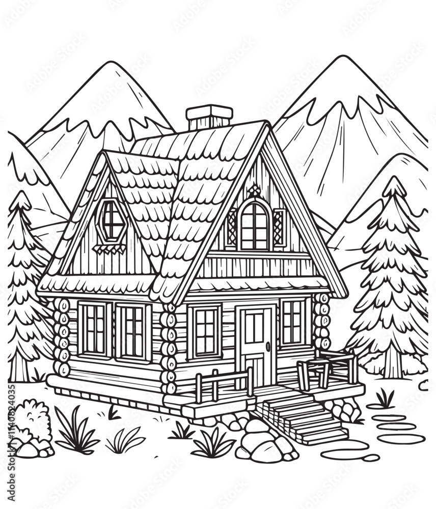 Coloring page big wooden house in nature pine tree forest