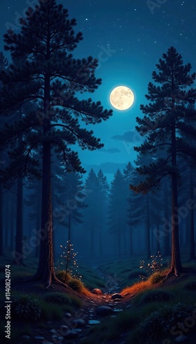 Nighttime forest with glowing trees and a full moon, star, tree, natural