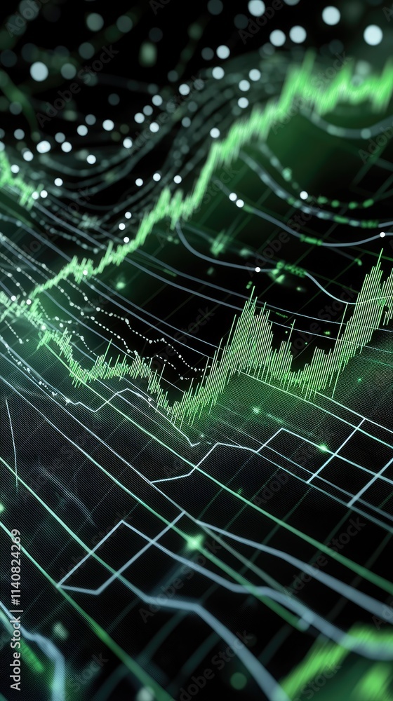 Obraz premium A close-up of a green stock market chart shows upward trends amidst a blurred urban background enhanced by a bokeh effect