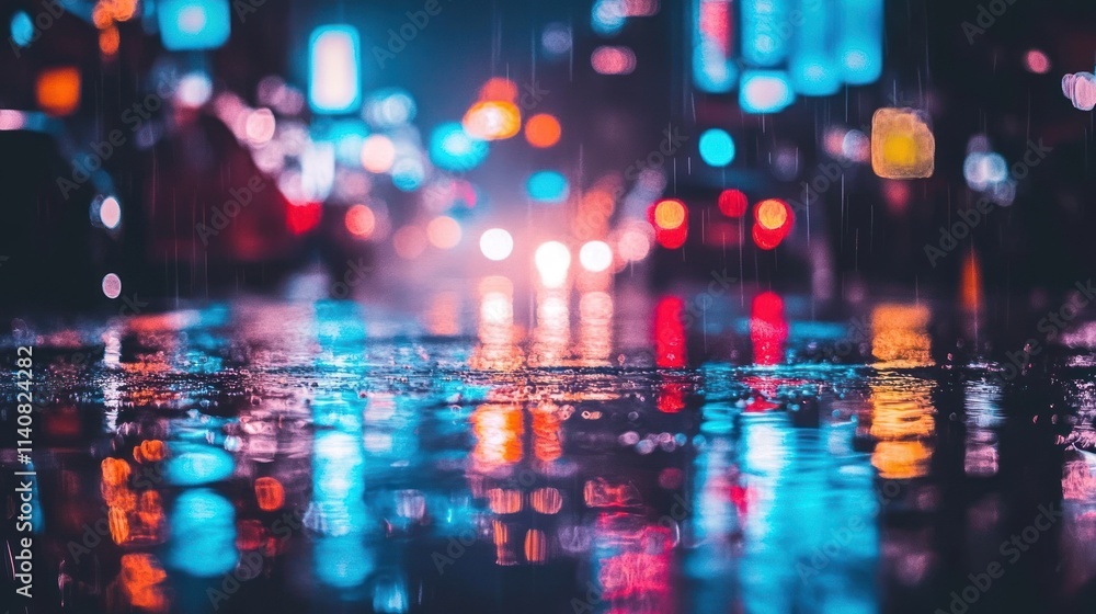 Fototapeta premium Rainy Night Cityscape: Vibrant Reflections in Urban Puddle