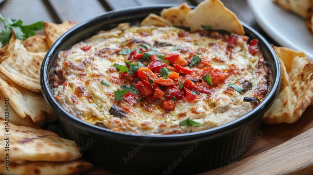 Warm Creamy Roasted Red Pepper and Artichoke Dip with Pita Bread Warm Creamy Roasted Red Pepper and Artichoke Dip with Pita Bread