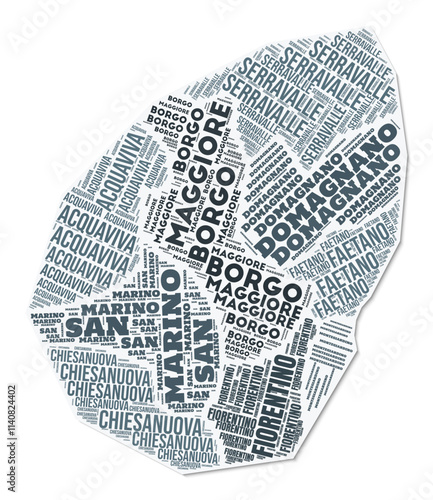 San Marino shape text cloud. Country border with shadow on white background. San Marino with regions division in vintage gazette style. Beautiful vector illustration.