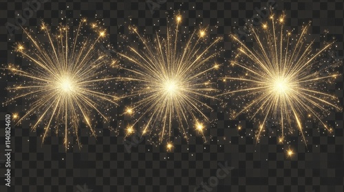 Three golden firework bursts with delicate trails on a transparent, png, white background, suitable for festive designs photo