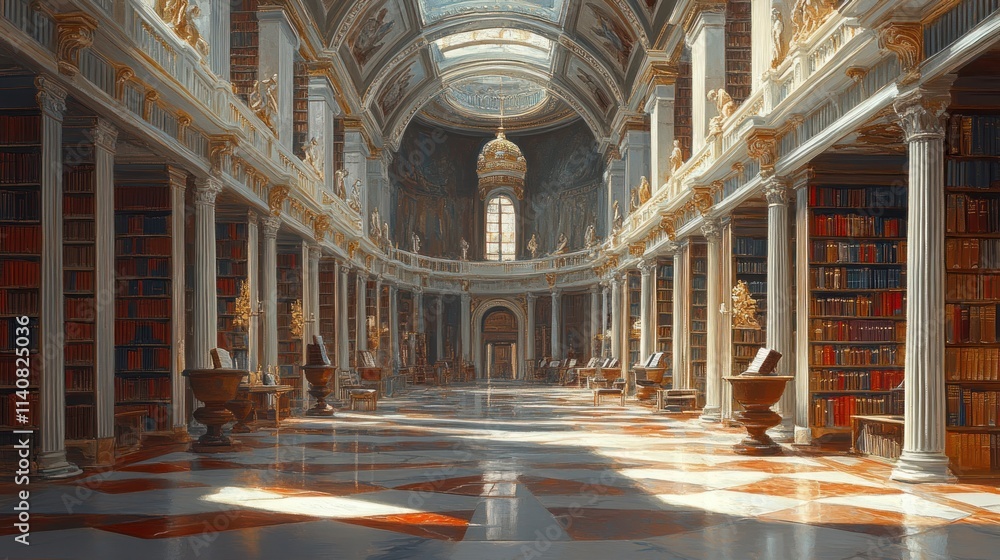 Obraz premium Grand library, ornate columns, countless books.