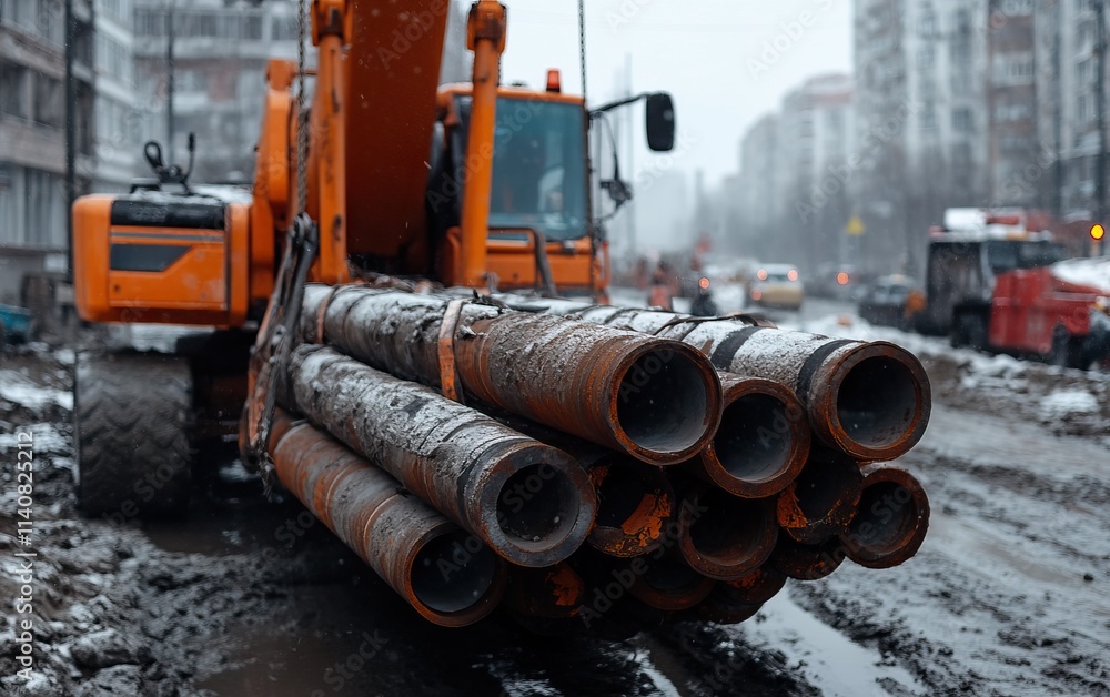 A construction vehicle loaded with rusty pipes moves along a muddy urban street, surrounded by buildings and debris in a foggy environment.