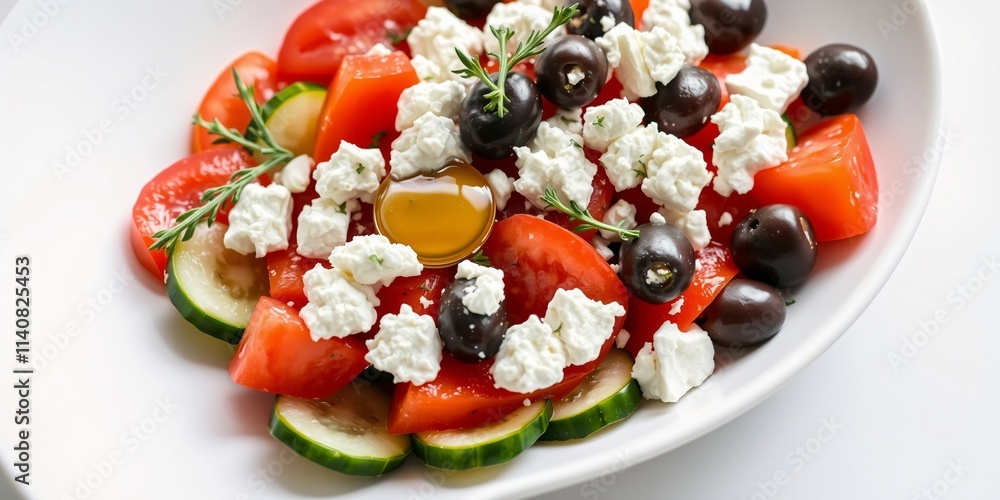 Fresh Mediterranean Salad with Cherry Tomatoes, Cucumbers, Olives, Feta Cheese and Olive Oil Drizzle Fresh Mediterranean Salad with Cherry Tomatoes, Cucumbers, Olives, Feta Cheese and Olive Oil Drizzle