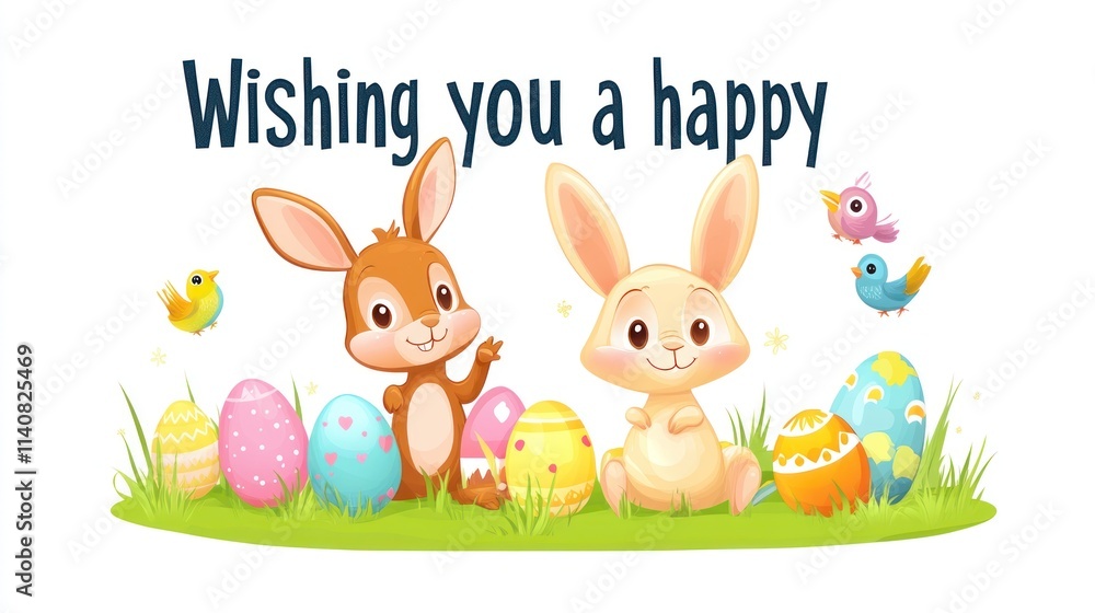 Obraz premium Happy Easter! Cute Bunnies and Colorful Eggs