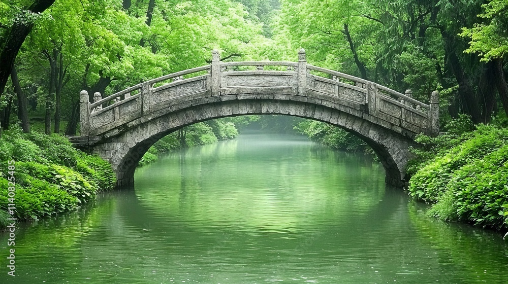 A serene stone bridge over a tranquil green river surrounded by lush trees. A serene stone bridge over a tranquil green river surrounded by lush trees.