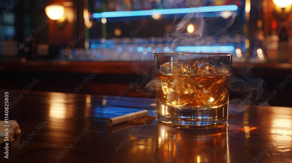 Glass of alcohol and cigarettes on table a visual representation of negative lifestyle choices Glass of alcohol and cigarettes on table a visual representation of negative lifestyle choices