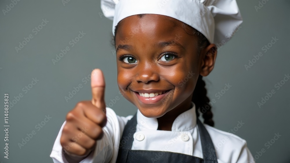 An African American girl in an apron and a chef's hat shows thumb up on a gray background. The concept of children's cooking master classes An African American girl in an apron and a chef's hat shows thumb up on a gray background. The concept of children's cooking master classes