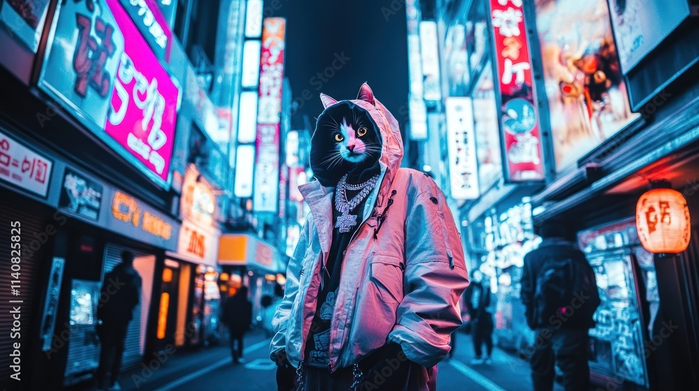 A person wearing a cat mask stands in a vibrant, neon-lit urban street at night. A person wearing a cat mask stands in a vibrant, neon-lit urban street at night.