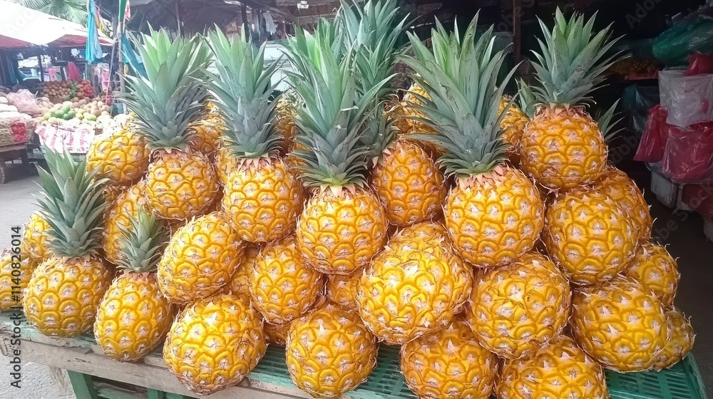 Fresh pineapples piled high at a market stall. Fresh pineapples piled high at a market stall.