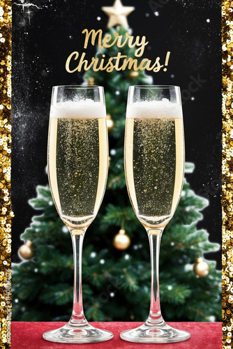 Two glasses of champagne on the background of a Christmas tree, New Year's illustration, text 