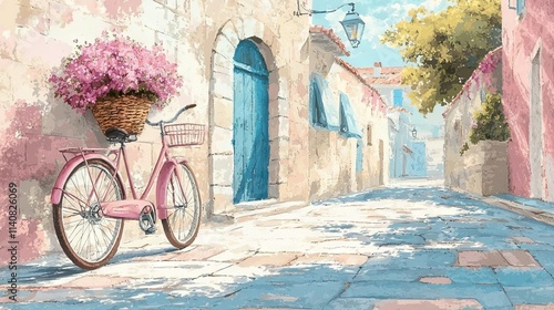 A serene street scene featuring a pink bicycle with flowers in a basket.