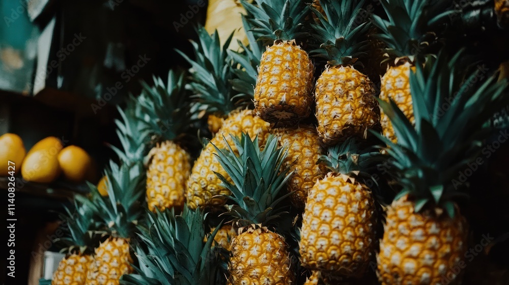 Fresh pineapples stacked at market. Fresh pineapples stacked at market.