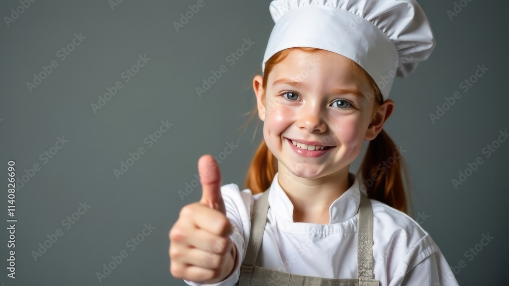 A girl in an apron and a chef's hat shows thumb up on a gray background. The concept of children's cooking master classes A girl in an apron and a chef's hat shows thumb up on a gray background. The concept of children's cooking master classes