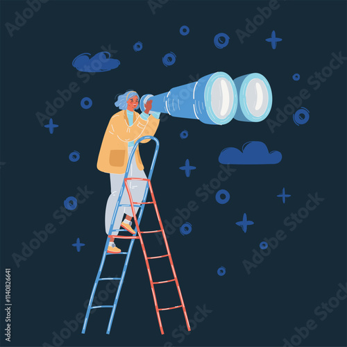 Cartoon vector illustration of woman with big Binoculars standing at ladder over dark background.