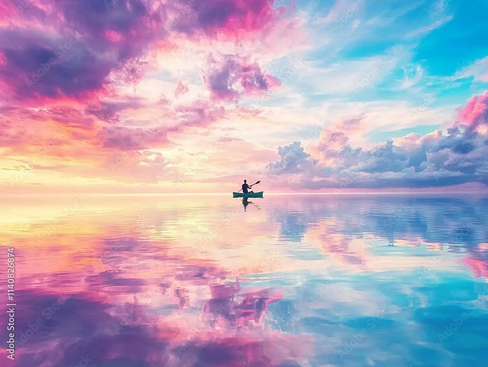 Fototapeta premium A serene sunset over calm waters with a lone kayaker reflected in vibrant colors.