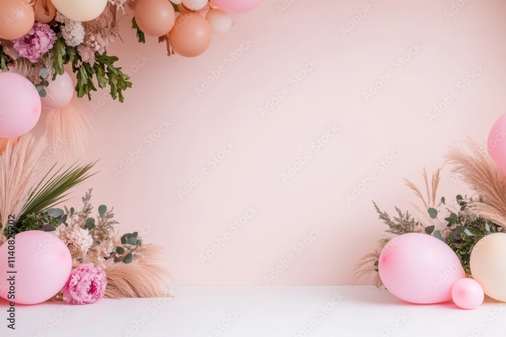 Festive balloons and flowers decorating a pink wall for party or celebration Festive balloons and flowers decorating a pink wall for party or celebration