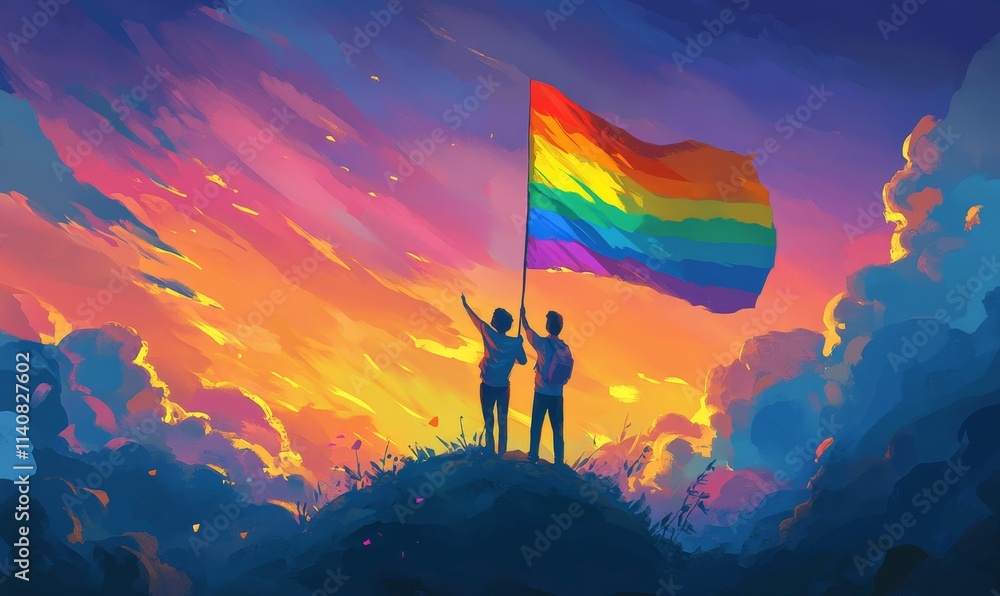 Fototapeta premium Two figures raise vibrant flag atop hill, sunset backdrop.