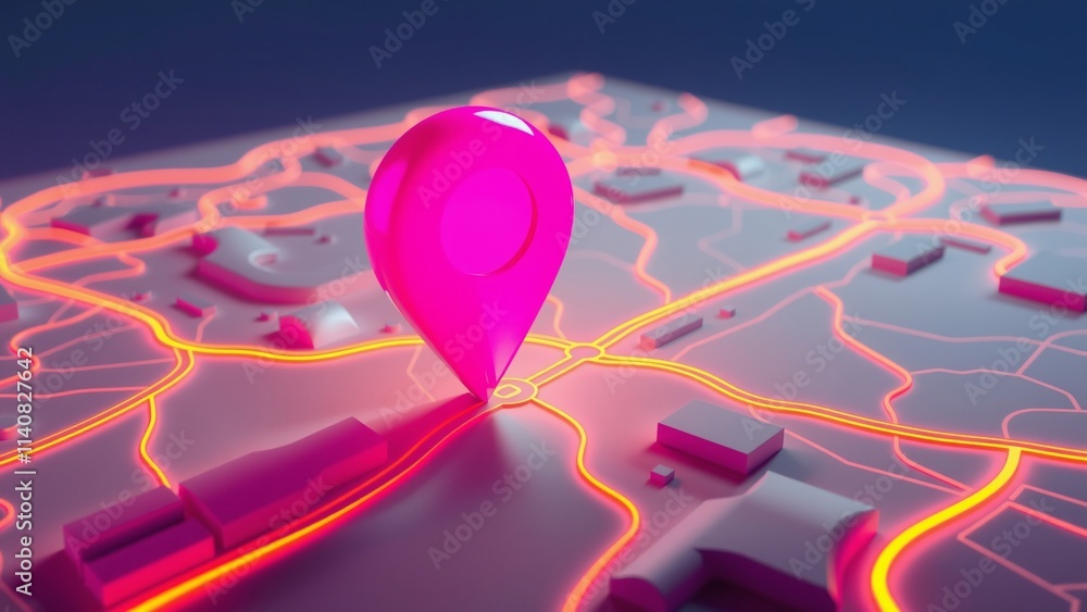 3D Render of a Pink Location Pin on a Futuristic City Map with Glowing Roads 3D Render of a Pink Location Pin on a Futuristic City Map with Glowing Roads