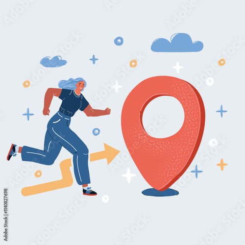 Cartoon vector illustration of woman run to location mark.