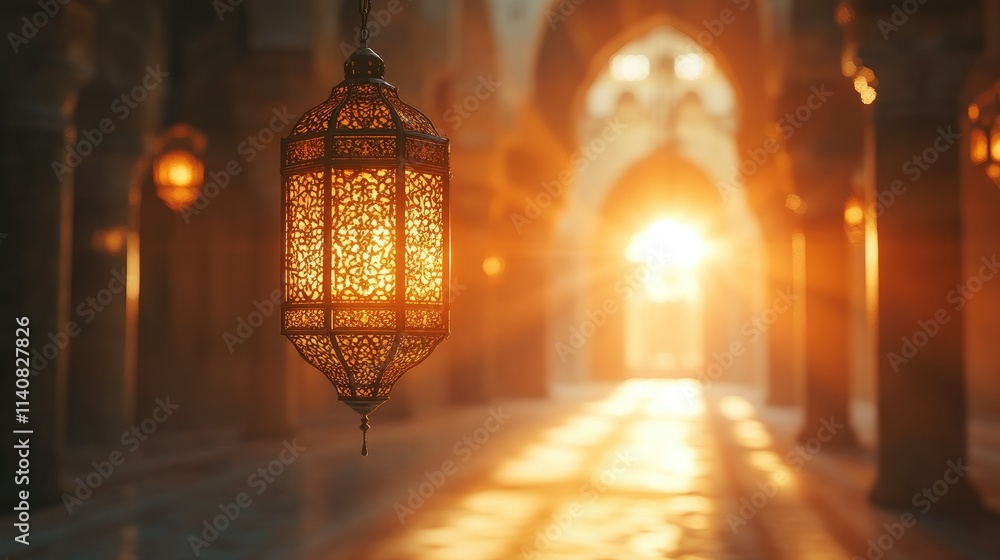 Fototapeta premium Ornate Lantern Illuminating a Mosque's Serene Interior at Sunset