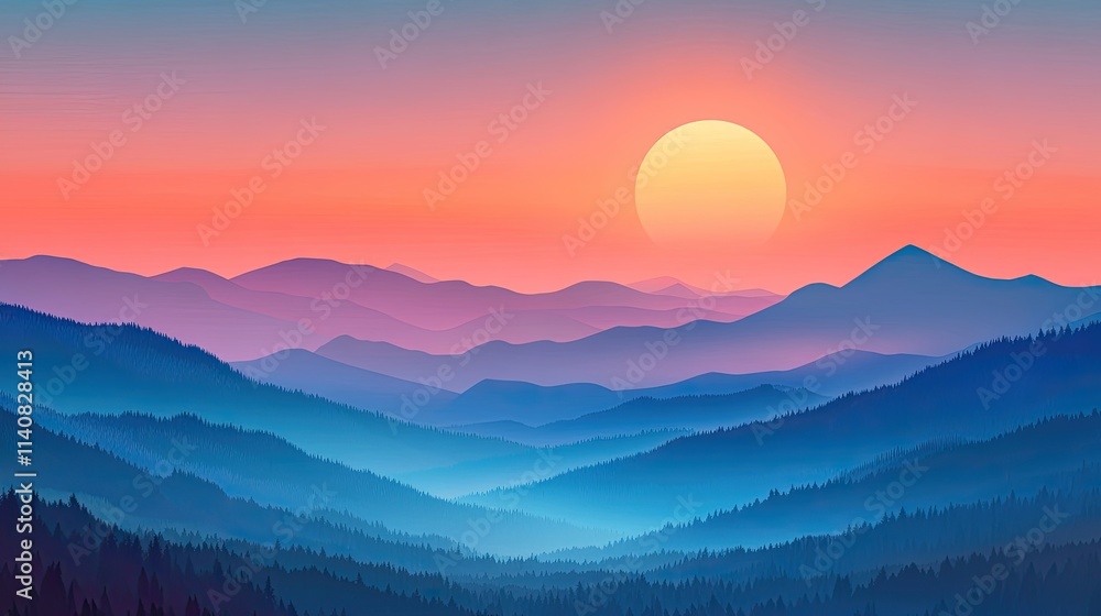 Vibrant sunset over a vast mountain range, showcasing layers of blue and pink hues. Vibrant sunset over a vast mountain range, showcasing layers of blue and pink hues.