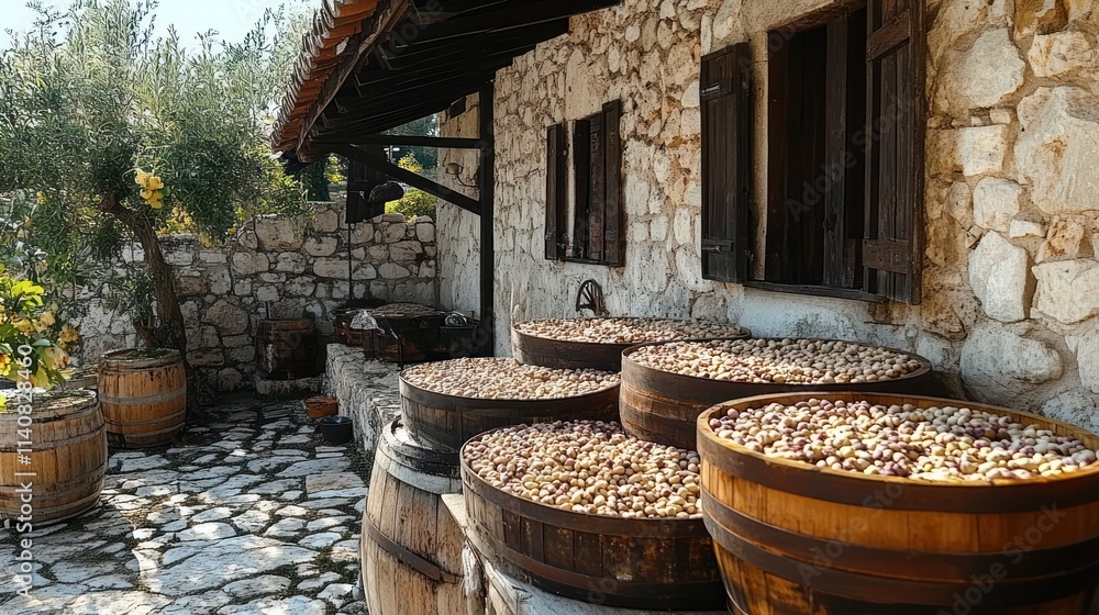 Stone building, wooden barrels, many nuts. Stone building, wooden barrels, many nuts.