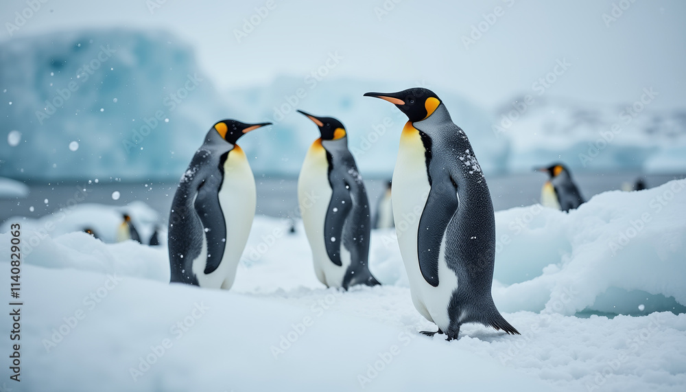 Fototapeta premium Group of emperor penguins interacting together in a snowy landscape during an Antarctic storm