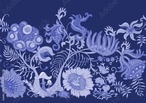 Fantasy, alien hypnotic flowers, decorative flowers and leaves. Cartoon style. Millefleurs trendy floral design. Seamless pattern, background. Outline hand drawing vector illustration.