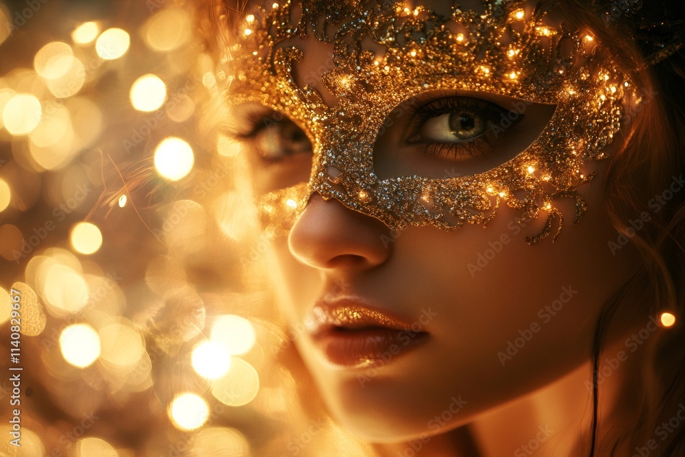 Beautiful woman wearing a golden mask at a luxurious party Beautiful woman wearing a golden mask at a luxurious party