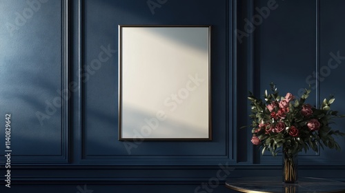 Elegant Blue Room Interior with Blank Frame and Rose Bouquet