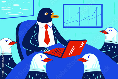 Penguin in a Suit Leading a Business Meeting Illustration
