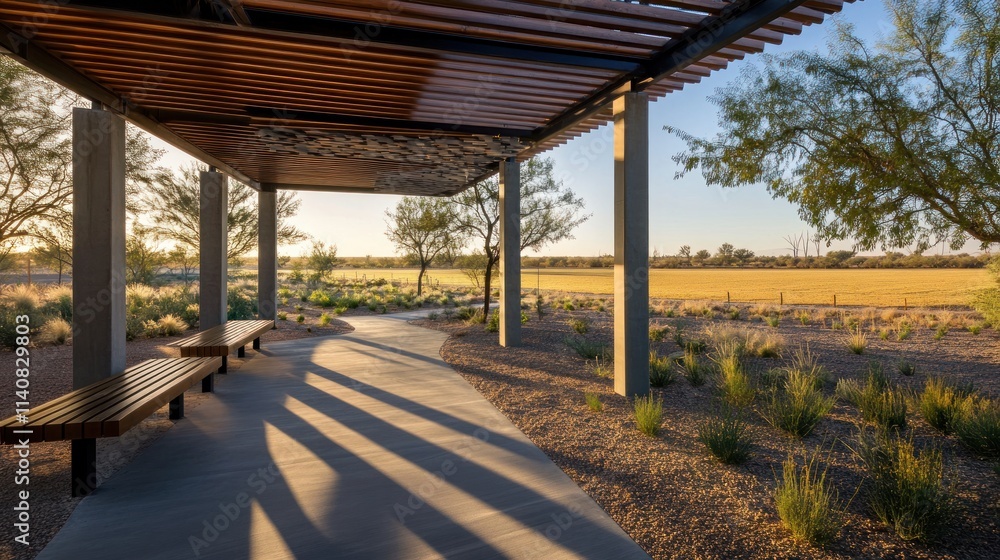 Modern pavilion with wooden features overlooking a serene landscape at sunset. Modern pavilion with wooden features overlooking a serene landscape at sunset.