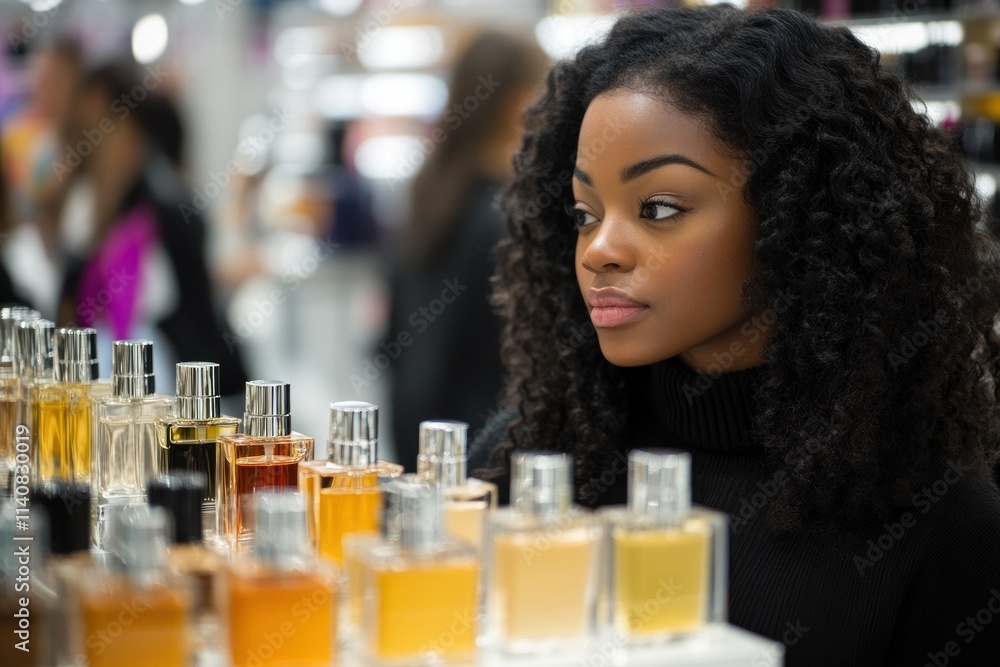 A woman examines various perfume bottles in a retail setting. A woman examines various perfume bottles in a retail setting.