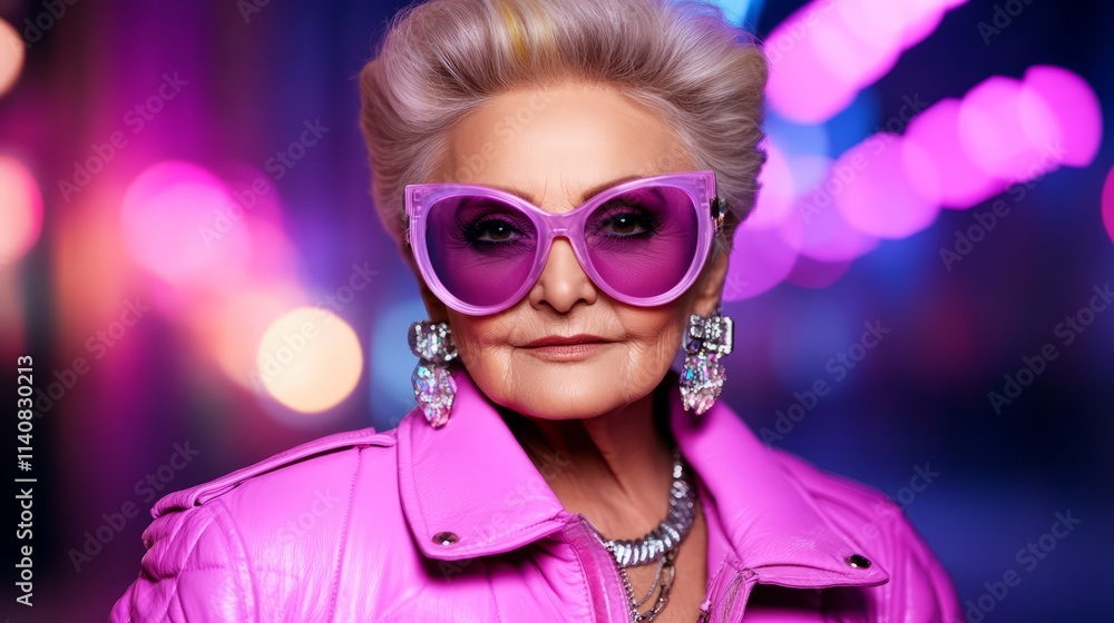 Stylish older woman in pink jacket and oversized sunglasses at night with colorful lights in the background Stylish older woman in pink jacket and oversized sunglasses at night with colorful lights in the background